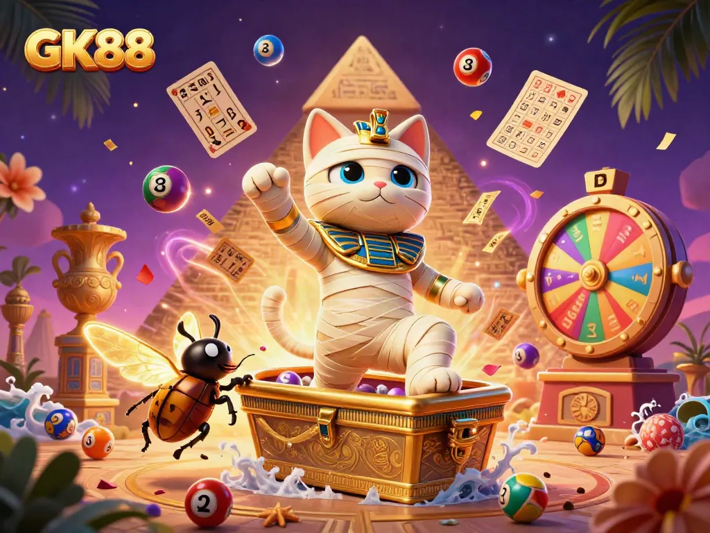 Experience thrilling wins with GK88 in a vibrant pyramid casino scene filled with dynamic lottery elements.