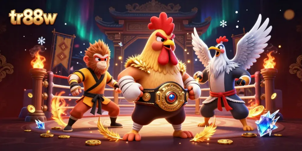Experience the thrilling action of tr88w with a dynamic casino-themed battle scene featuring martial arts characters.