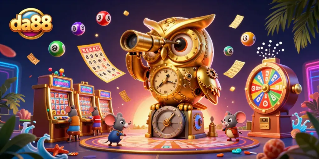 Engage with da88 at a vibrant casino scene filled with golden tickets and lucky number balls.