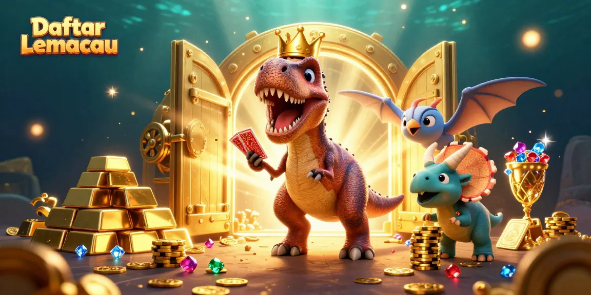 Engage with Daftar Lemacau as a T-Rex and friends navigate a vibrant casino treasure scene.