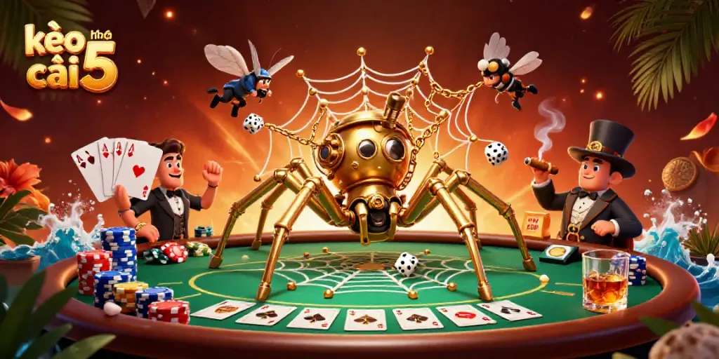 Engage with the kèo nhà cái 5 scene featuring a steampunk spider, poker elements, and a comedic fly gentleman.