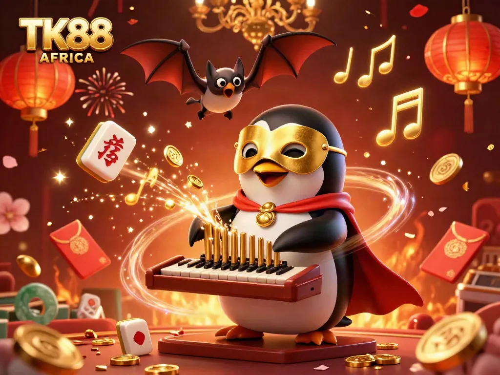 Engage in exciting gameplay with TK88 AFRICA as the cartoon penguin celebrates in a lively casino scene.