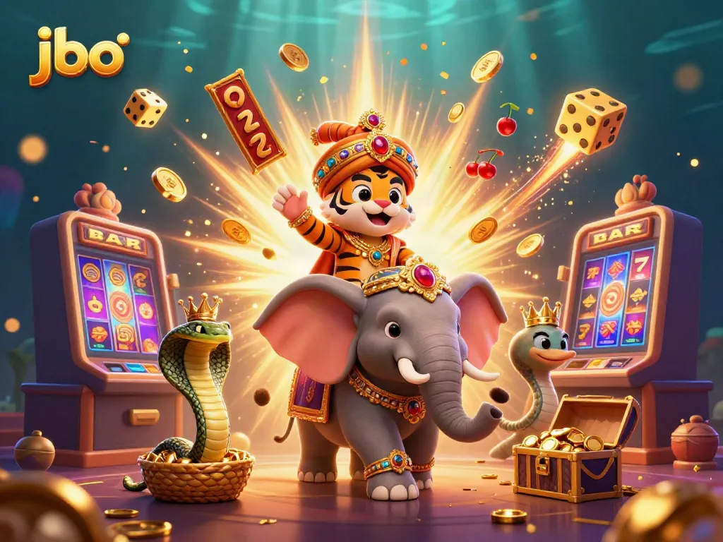 Experience thrilling gaming at jbo with a cartoon maharaja riding an elephant and an explosion of casino elements.