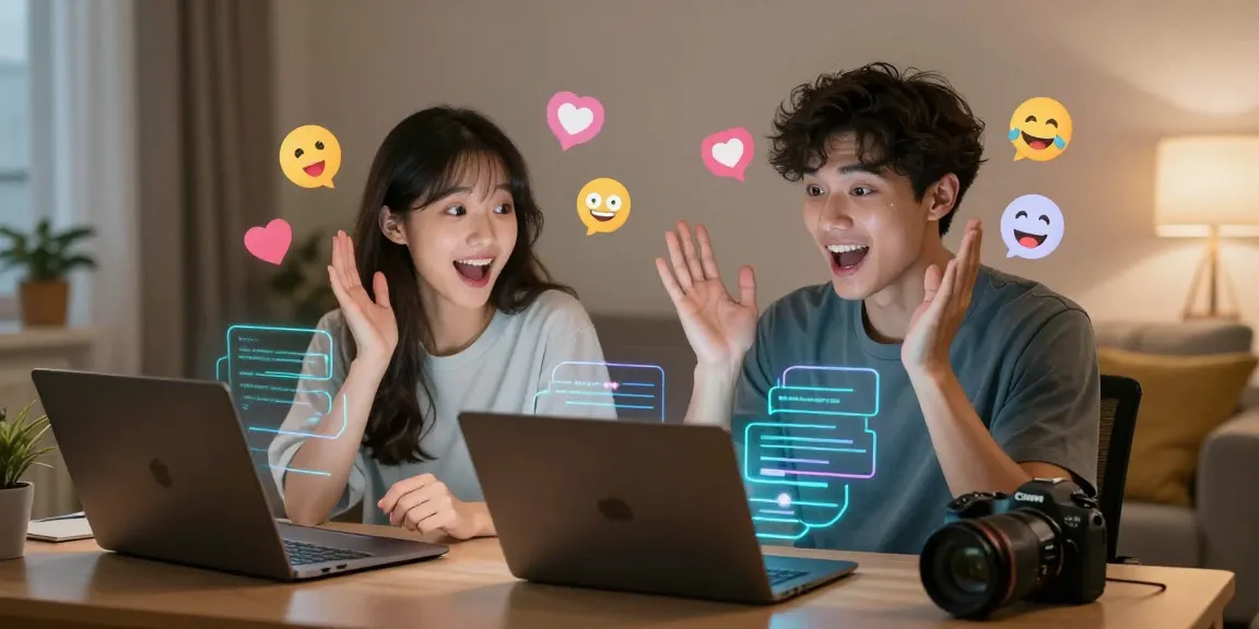 Engaging ai sex chat interaction with avatars displaying emotions in a cozy digital setting.