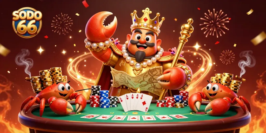 Engage with the vibrant world of SODO 66, featuring a golden crab emperor amidst exciting poker elements.