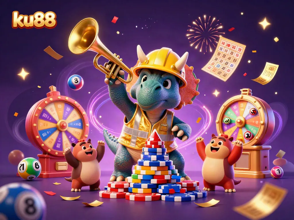 ku88 engages players with a vibrant celebration of gambling excitement, featuring dynamic casino elements and cheerful characters.