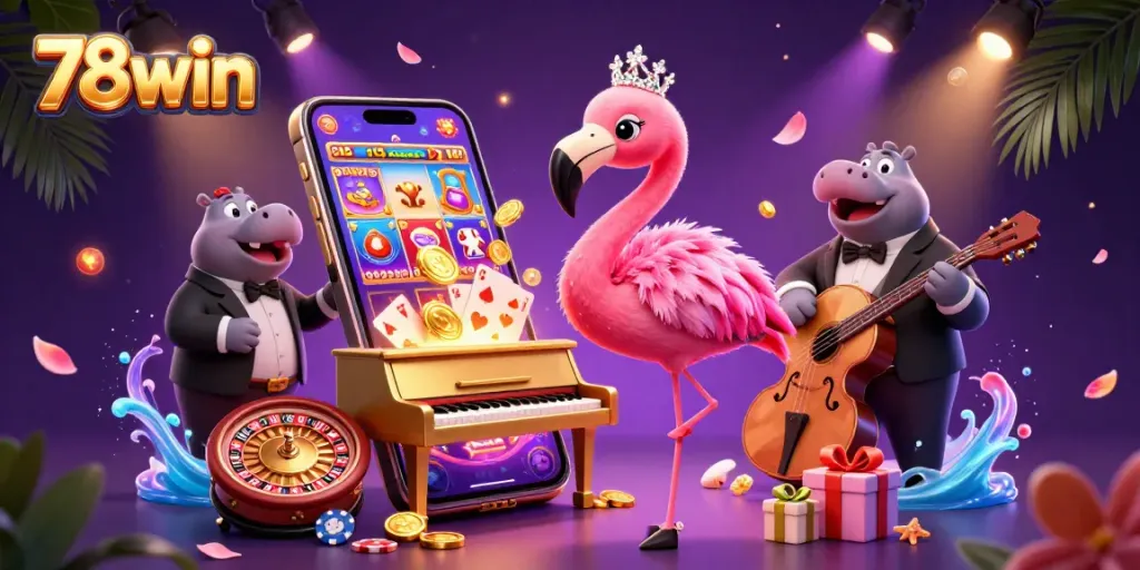 Win exciting rewards with 78win's vibrant casino scene featuring a colorful slot game and lively characters.