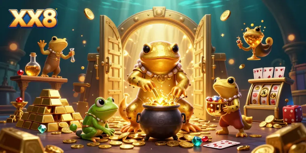 Experience the magic of XX8 with a golden salamander and lively casino elements in a rich 3D illustration.