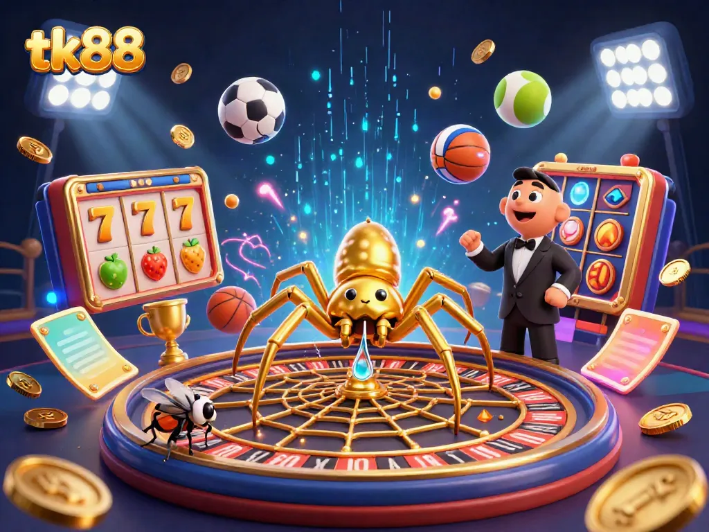 Experience thrilling betting action with tk88 as a golden spider spins a roulette wheel web in a 3D illustration.