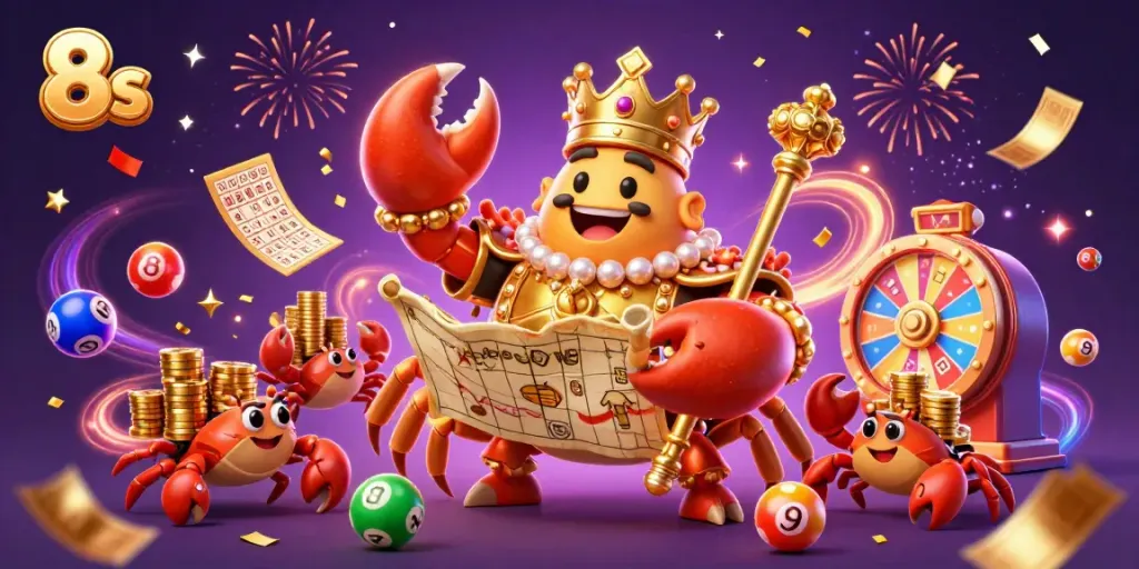 Immerse in the excitement of 8s with a golden crab emperor amid colorful lottery elements.