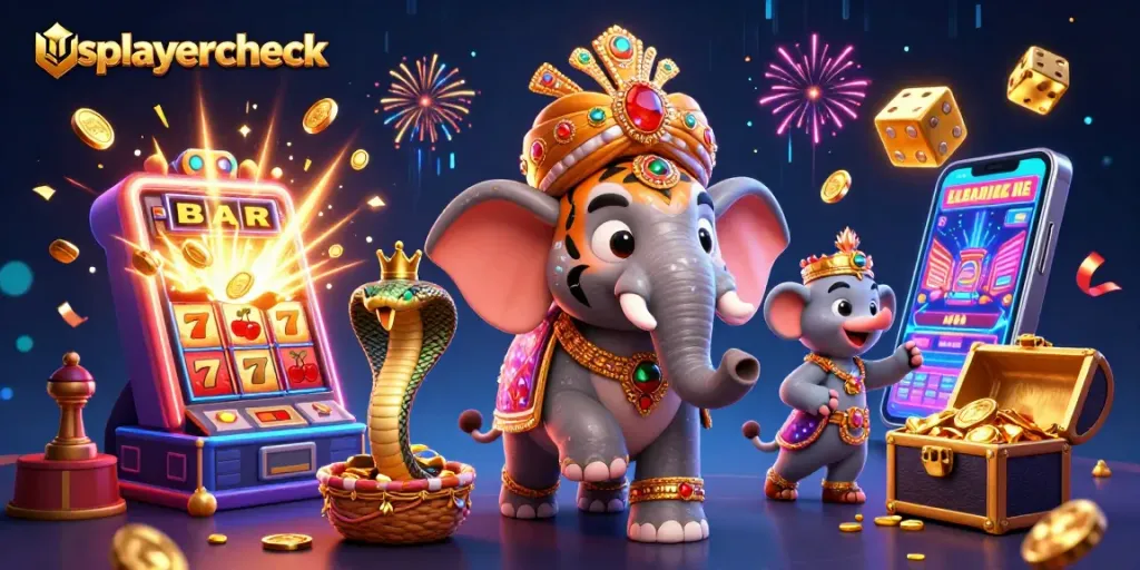 Experience excitement with usplayercheck in a vibrant 3D casino scene featuring a royal setting and slot machines.