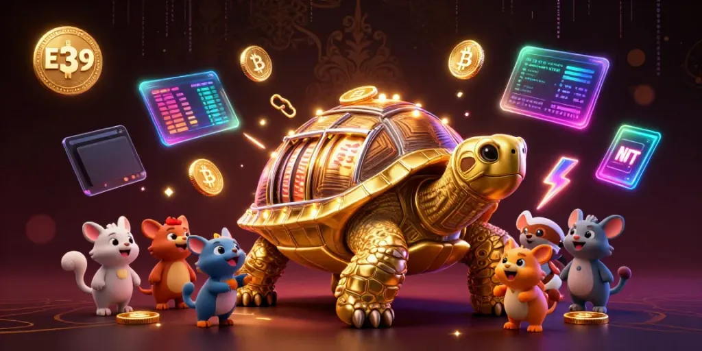 Spin the colossal golden tortoise slot machine at E39, surrounded by glowing crypto coins and excited players.