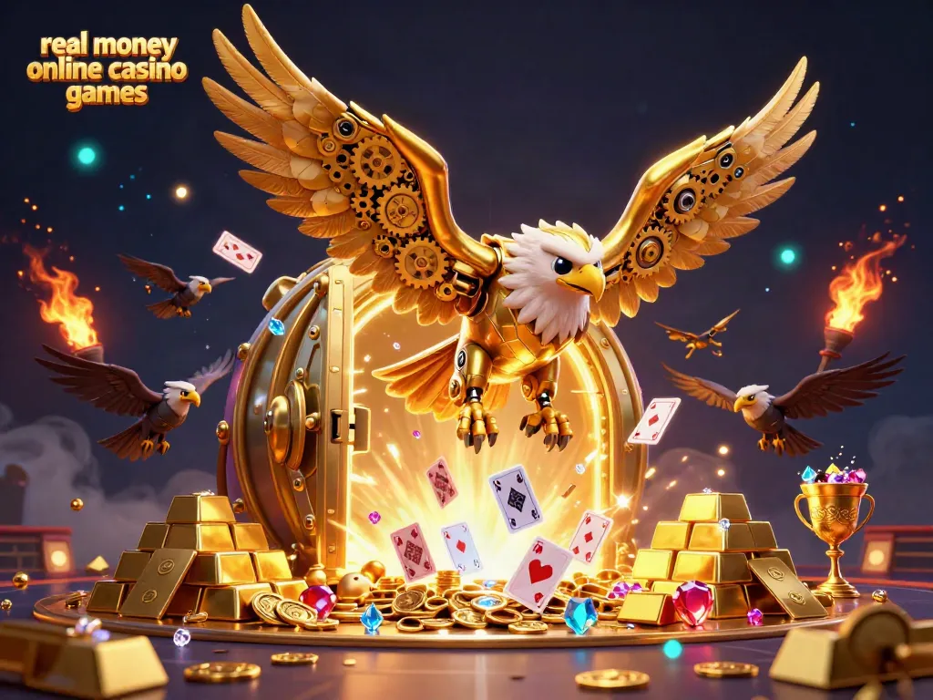 Experience the thrill of real money online casino games with a cybernetic eagle and flying cards.