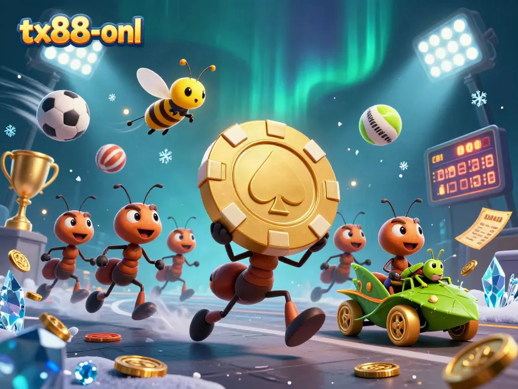 Join the tx88-onl ants as they carry a massive poker chip through a vibrant casino-themed tunnel.