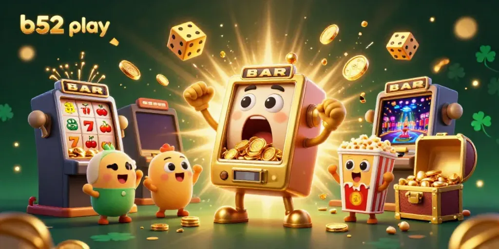 Experience b52 play with a vibrant scene of animated slot machines celebrating a jackpot burst.