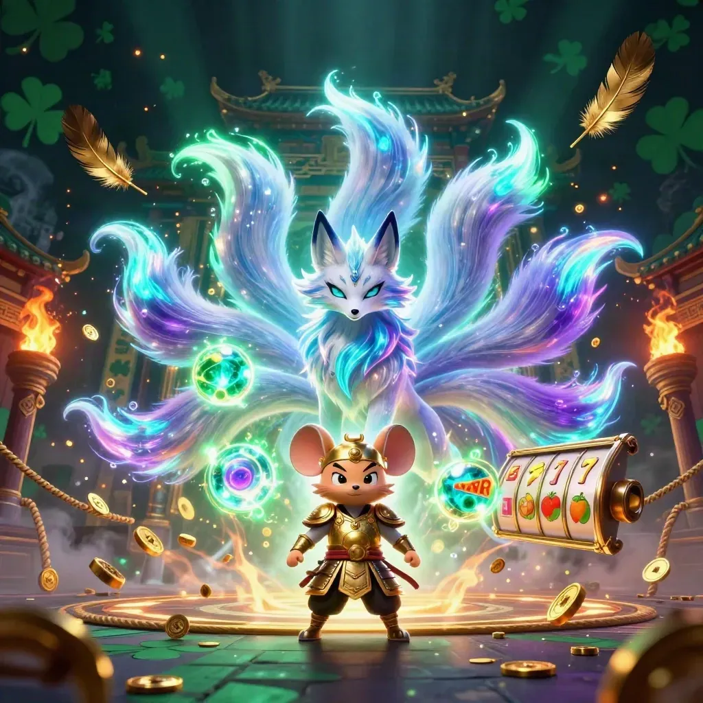 Fox spirit and samurai mouse in neon casino chaos with coins, reels, temple gate, and ember glow
