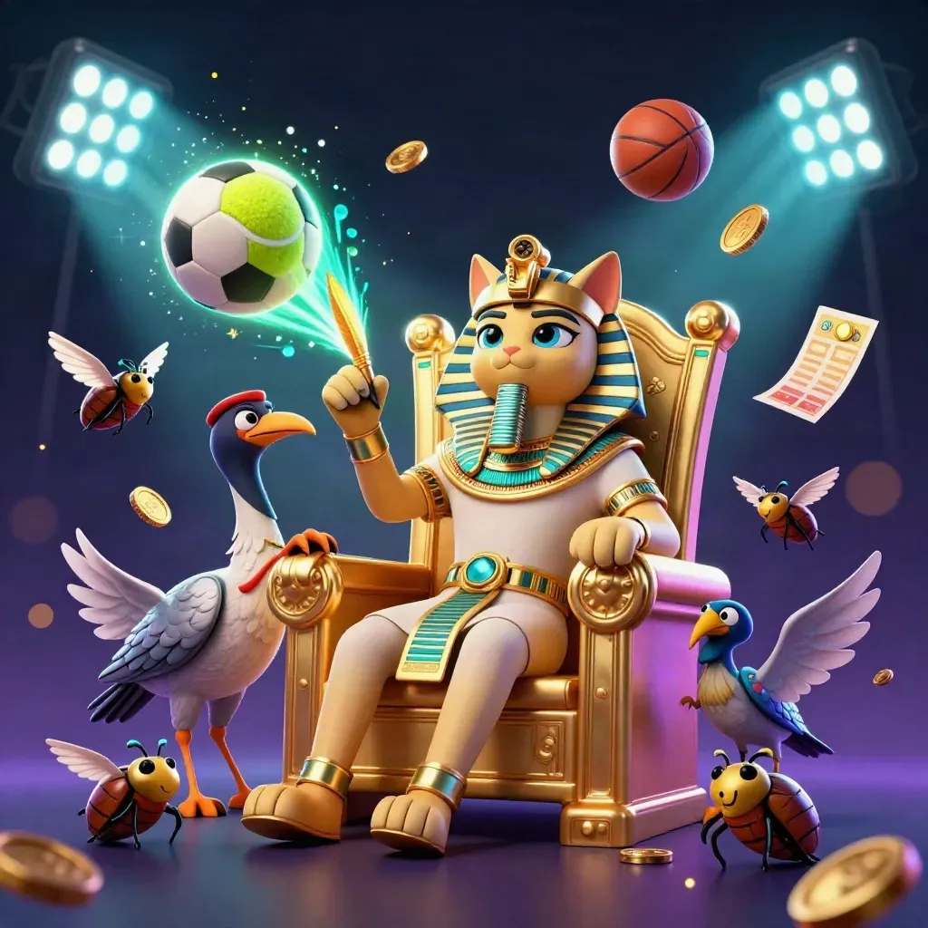 Pharaoh cat, ibis scribe, and scarab beetles amid flying sports balls, coins, and neon stadium lights.