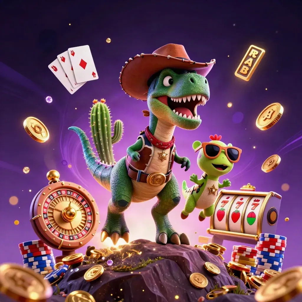 Cowboy T-Rex, cactus sidekick, and roadrunner amid coins, cards, chips, and neon casino magic.