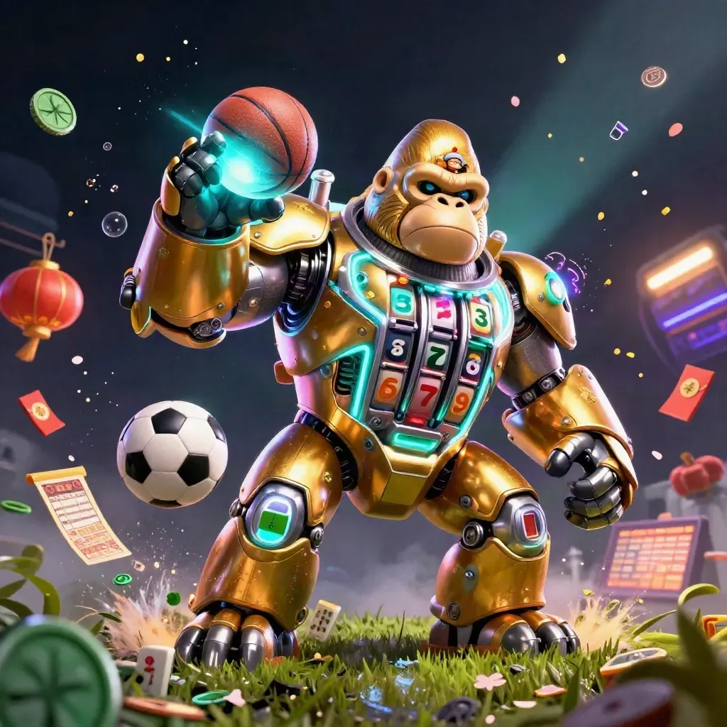 Golden gorilla slot-mech launches a basketball and soccer ball through neon turf spray under stadium lights.