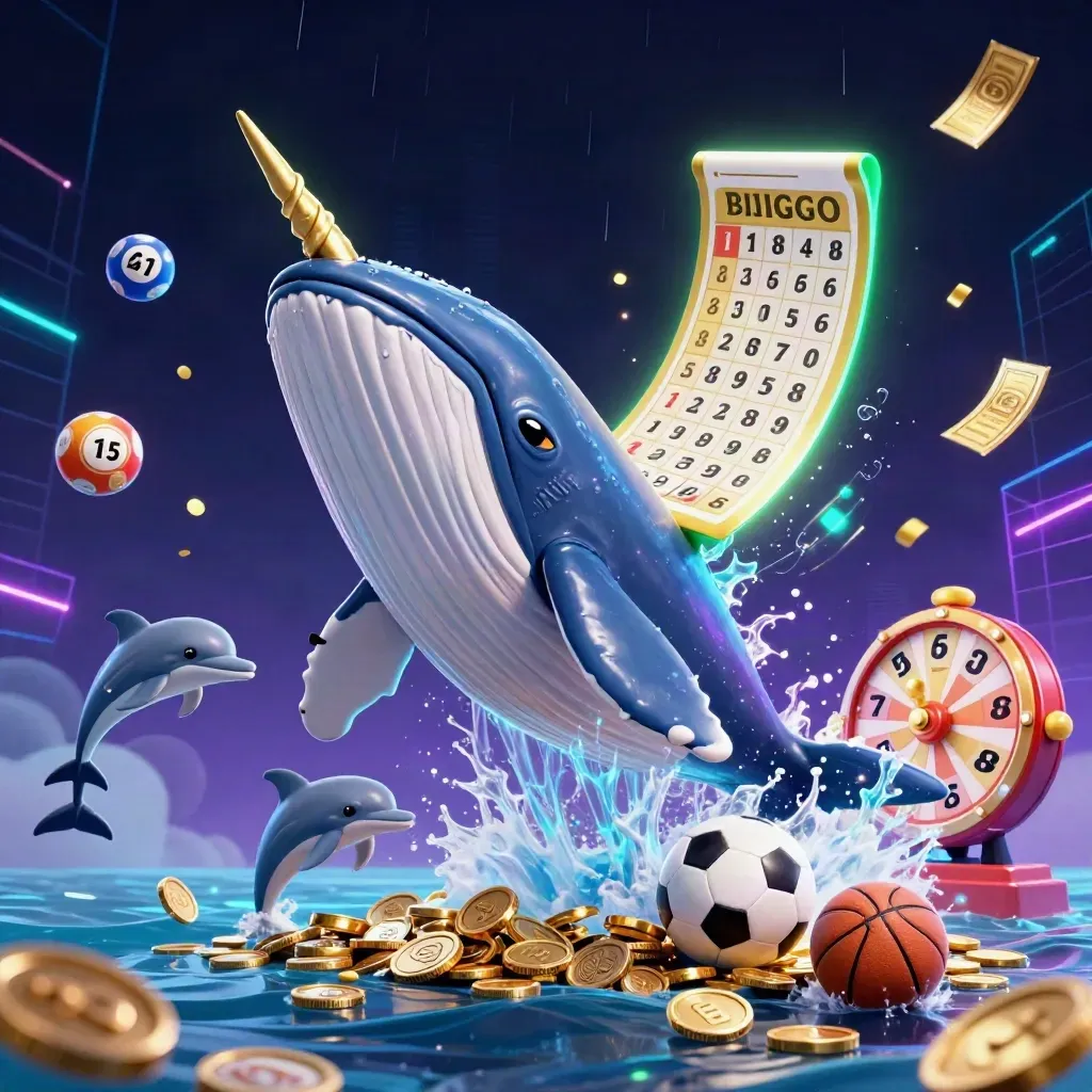 Whale, narwhal and dolphins explode through coins with sports balls and neon casino energy.