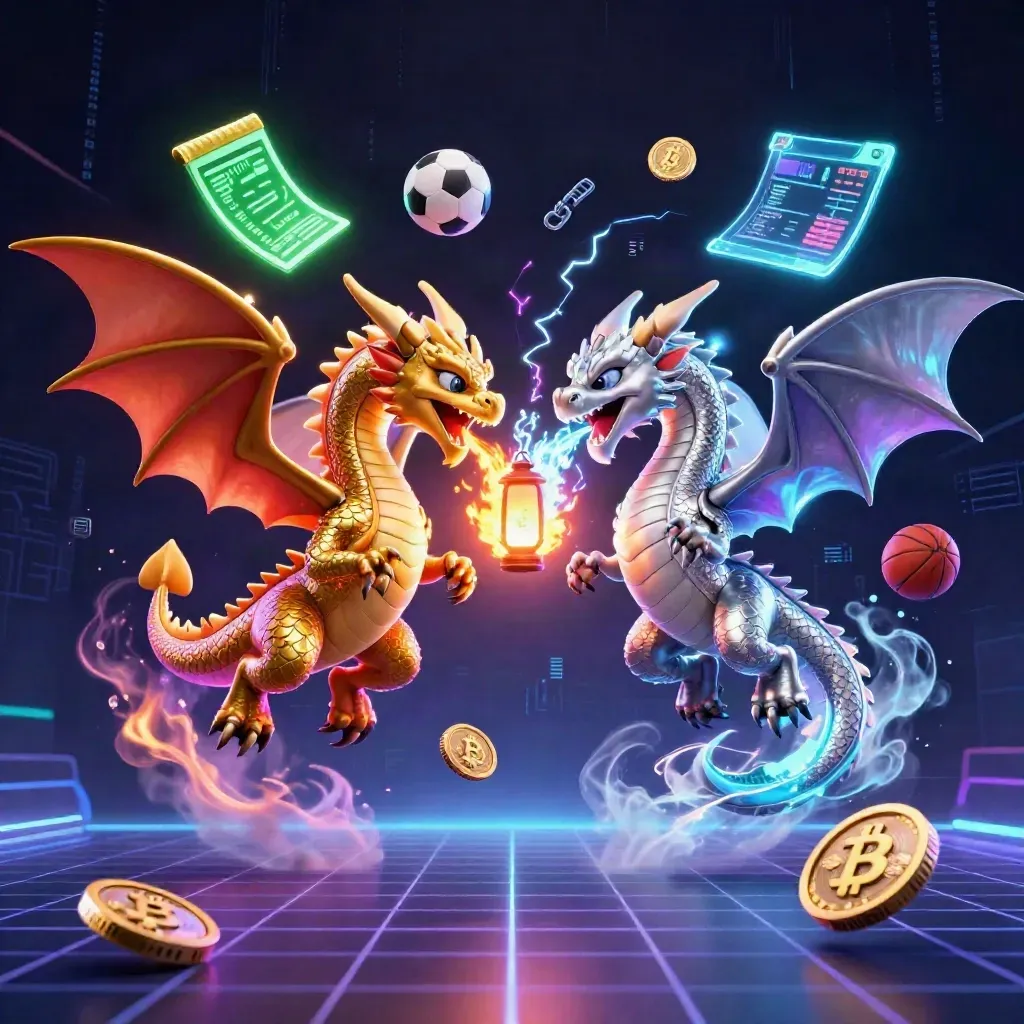 Twin gold and silver dragons spiral with sports and crypto icons in neon casino light.