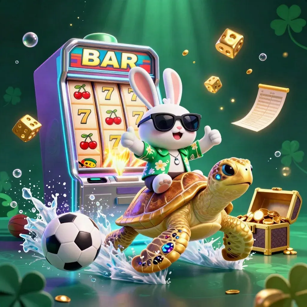 Lucky rabbit rides a golden turtle amid slot symbols, sports balls, bubbles, and neon casino light.