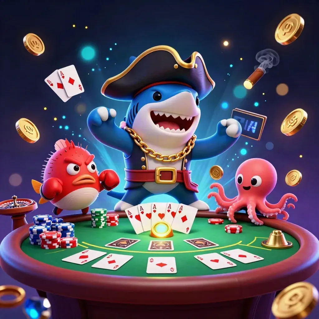 Cartoon shark captain, pufferfish, and octopus amid casino tables, chips, aces, and neon glow.