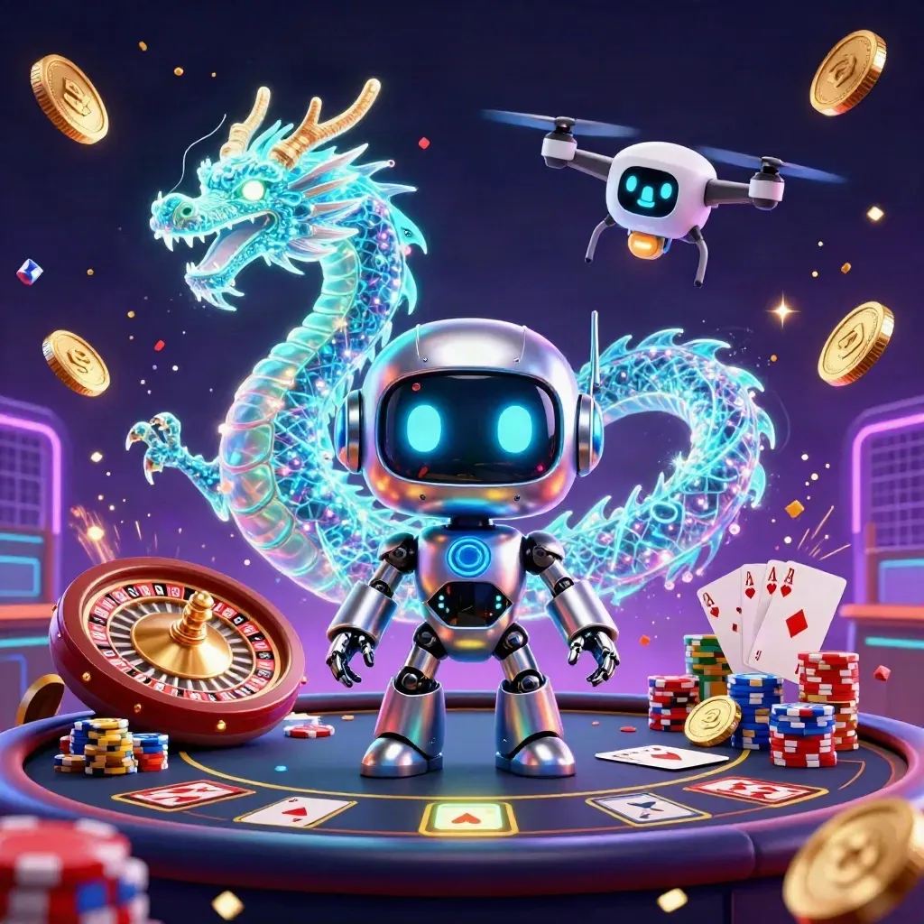 Cyberpunk robot, holographic dragon and coin drone amid spinning roulette, cards, chips and neon casino lights.