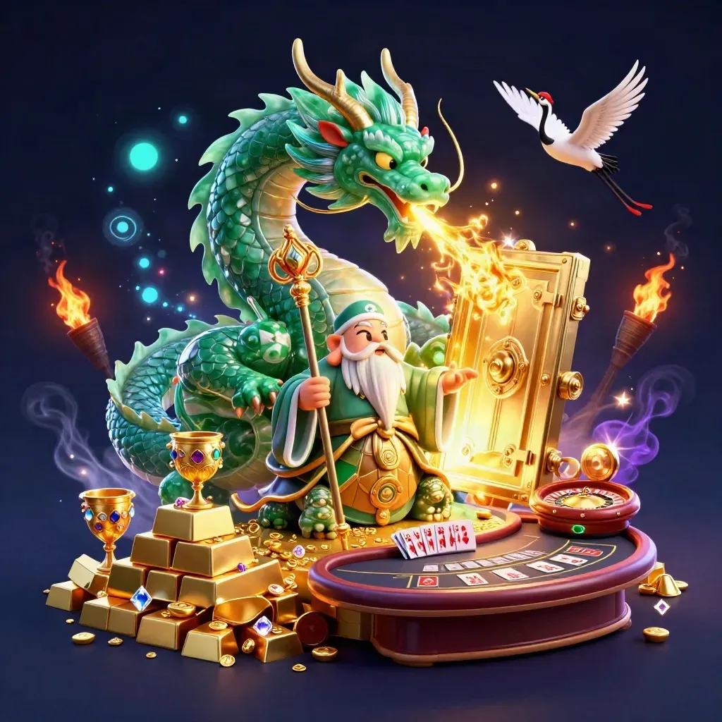 Dragon, turtle sage, and cranes amid gold vault light, roulette, smoke, and neon casino glow.
