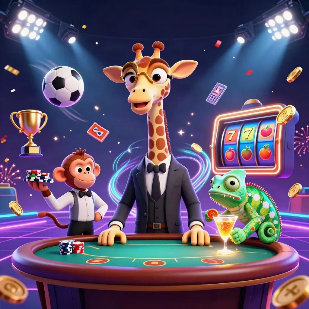 Giraffe high-roller, monkey valet, and chameleon bartender amid neon casino chaos and sports bursts
