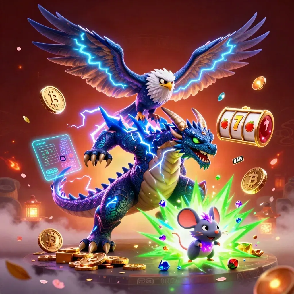 Dragon, hawk, and thunder-mouse amid neon casino energy, coins, runes, sparks, and gems