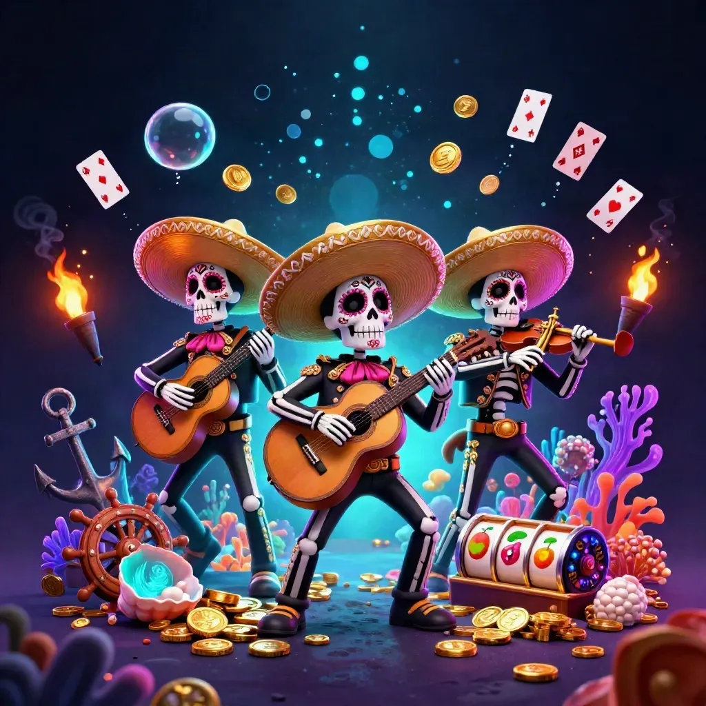 Skeleton mariachi trio amid treasure, coral, cards, coins, and neon casino glow.