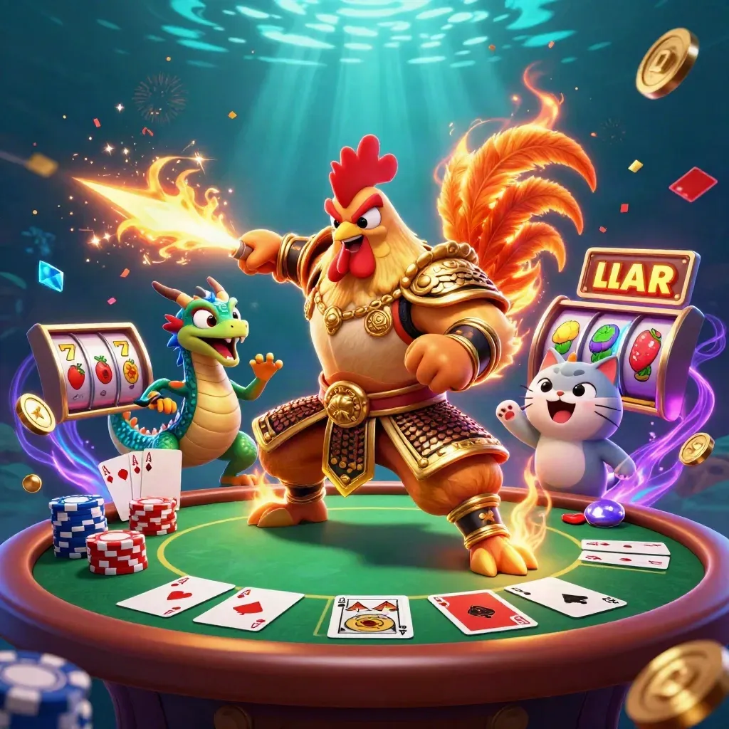 Rooster warrior, dragon hatchling, and fortune-cat amid casino props, gems, and neon underwater light.