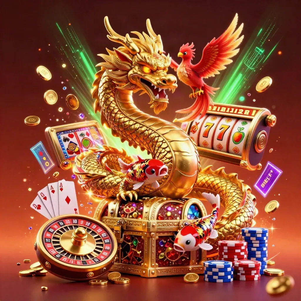 Golden dragon, phoenix, and koi amid coins, chips, cards, roulette wheel, and neon energy.