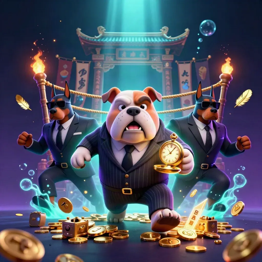 Bulldog boss and two Dobermans amid neon casino chaos in a temple ring