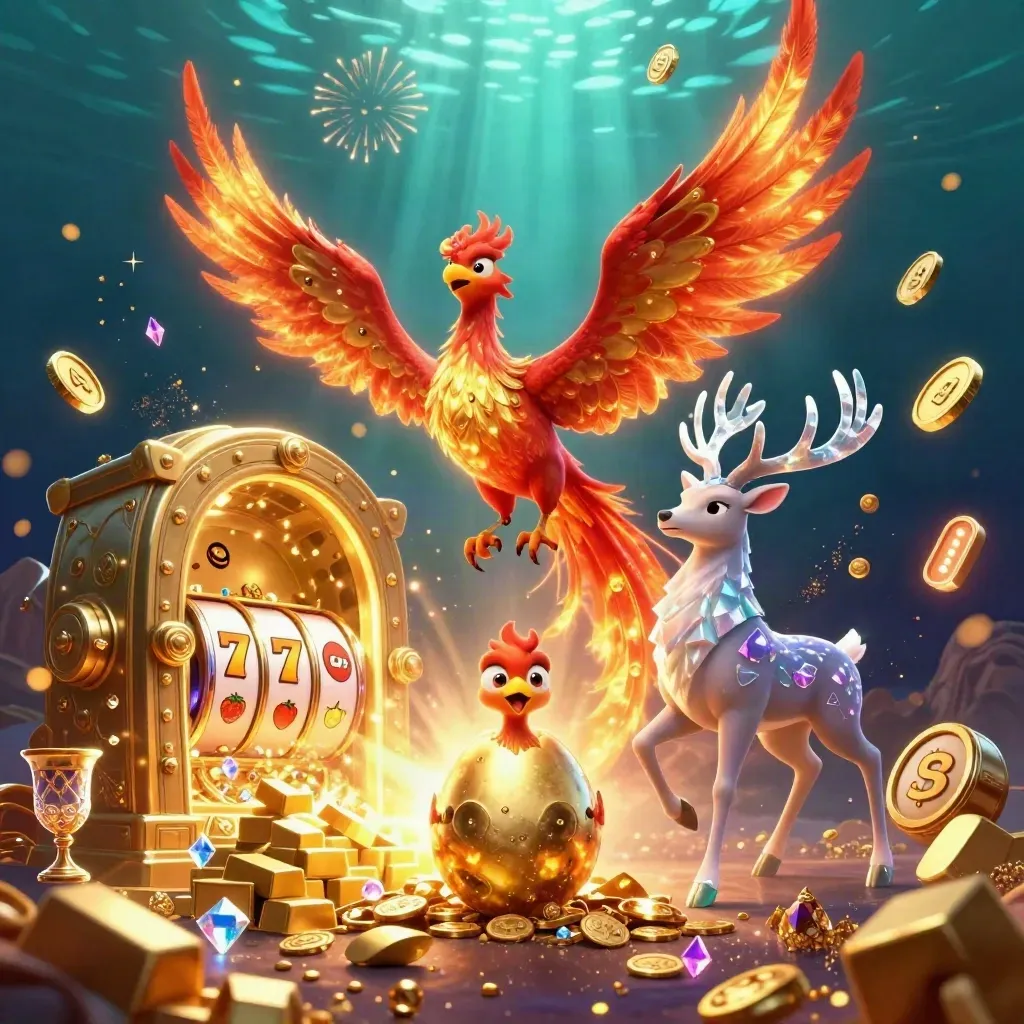 Phoenix, baby phoenix, and crystal stag bursting from a vault amid coins, gems, reels, and fireworks