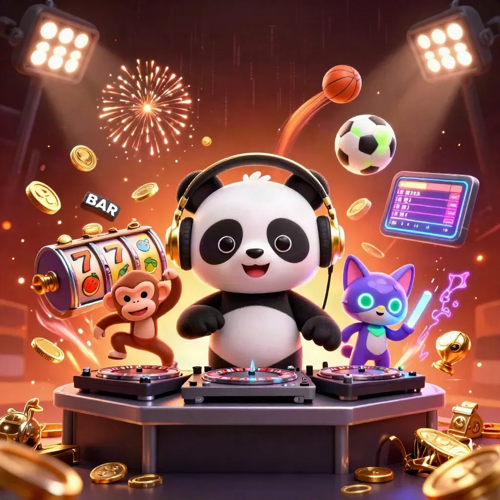 DJ panda, monkey, and kitten in neon casino chaos with coins, reels, and fireworks.