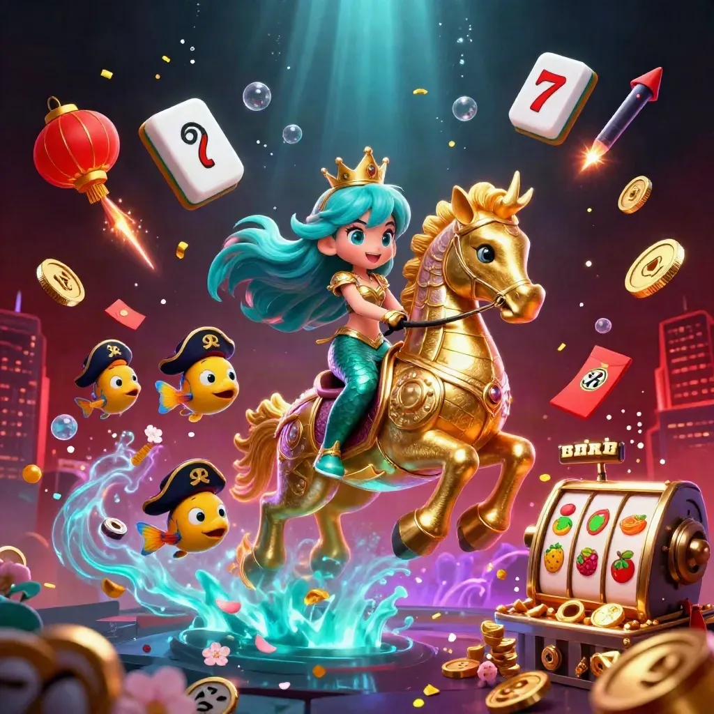 Mermaid princess on armored seahorse amid coins, lanterns, reels, fireworks, and neon casino glow.