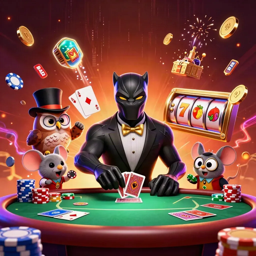 Panther, owl and mouse celebrate amid chips, reels, coins, and casino energy.