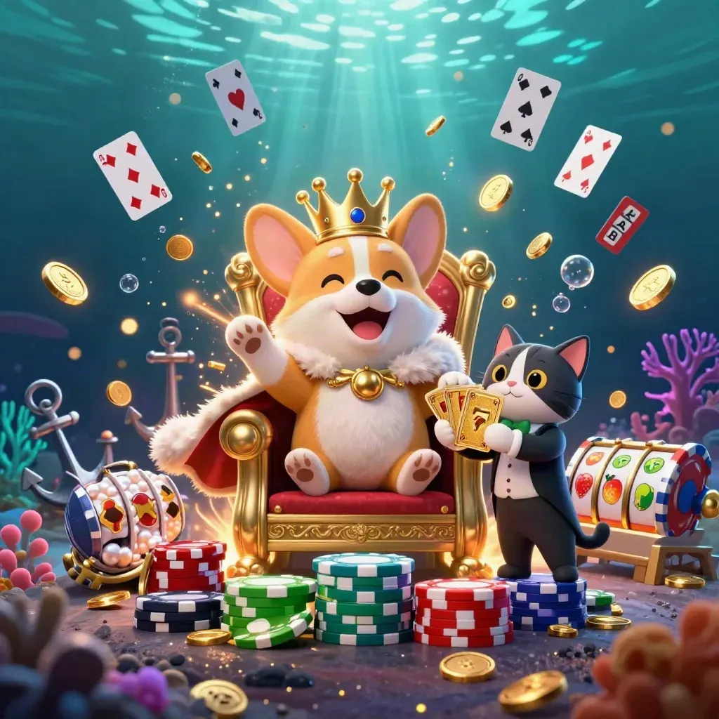 Royal corgi and cat butler amid underwater gold coins, coral, slot reels, and fireworks.