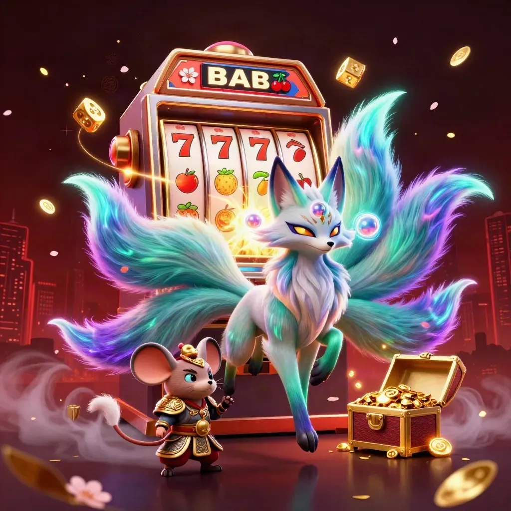 Neon nine-tailed fox spirit and armored mouse amid exploding slot reels and gold.