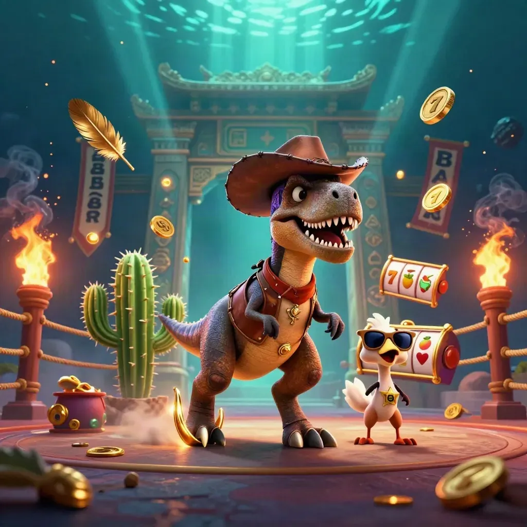 Cowboy T-Rex, cactus sidekick, and roadrunner amid casino coins, reels, and neon flames.