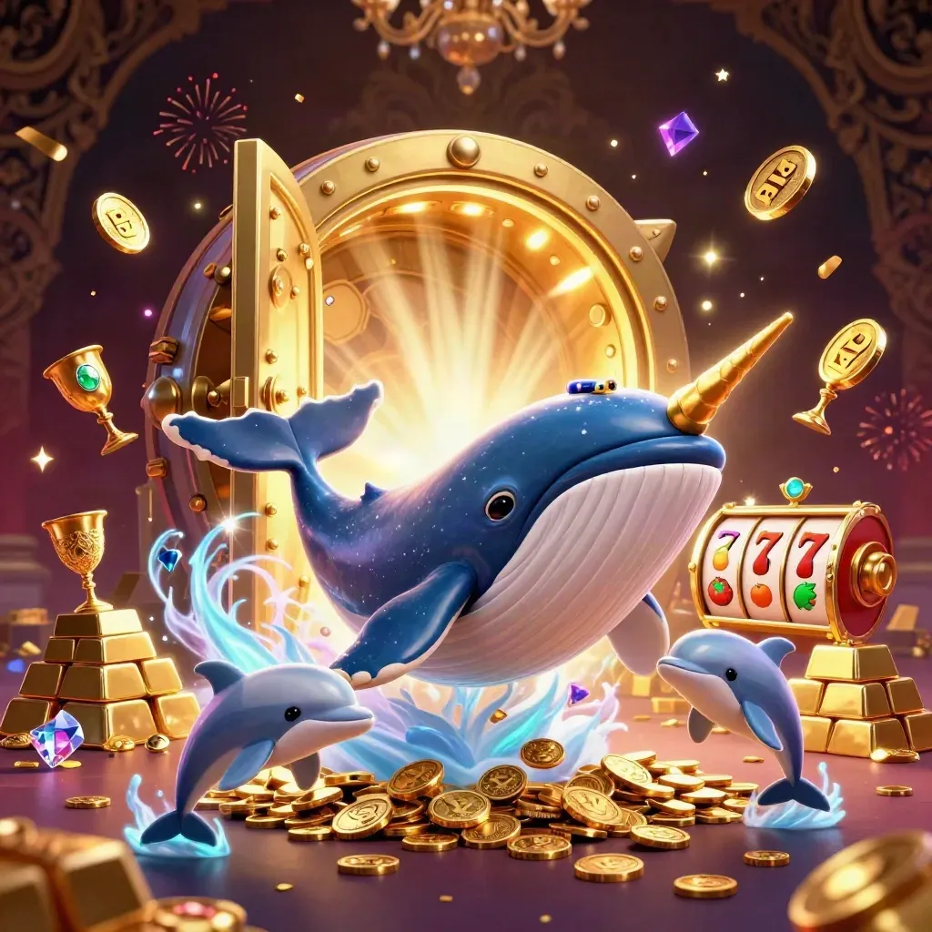 Whale captain, narwhal, and dolphins burst through coins, vault light, and casino treasures.