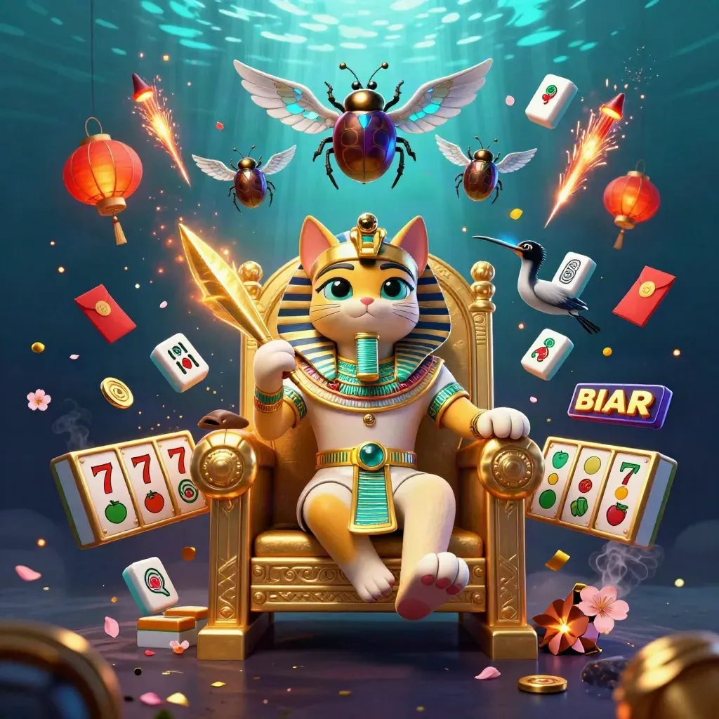 Pharaoh cat, ibis scribe, and gem-wing scarabs on a glowing throne amid neon casino effects.