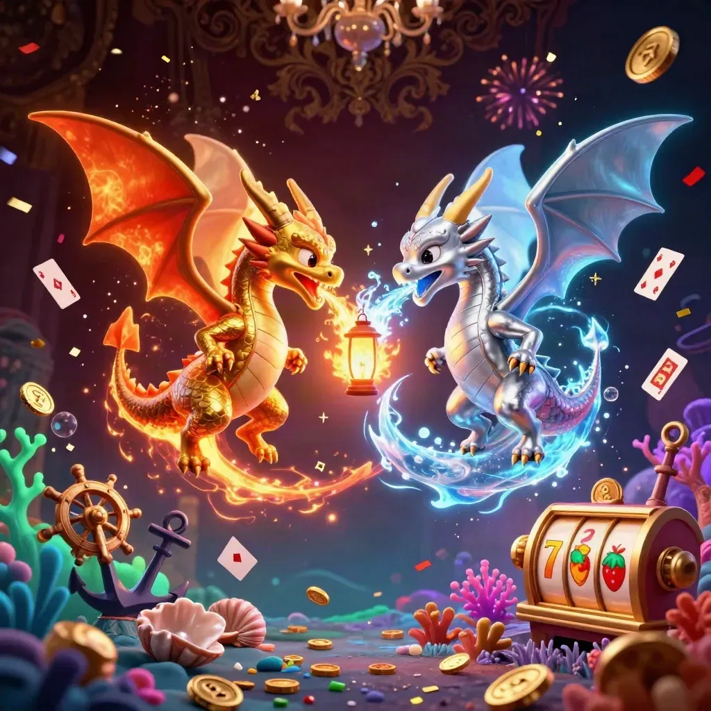 Intertwined gold and silver dragons with lantern spirit, coins, reels, coral, and casino sparks