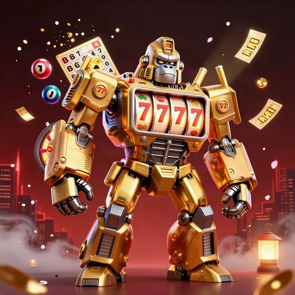 Golden gorilla slot mech with monkey pilot, reels, prize wheel, and neon casino effects