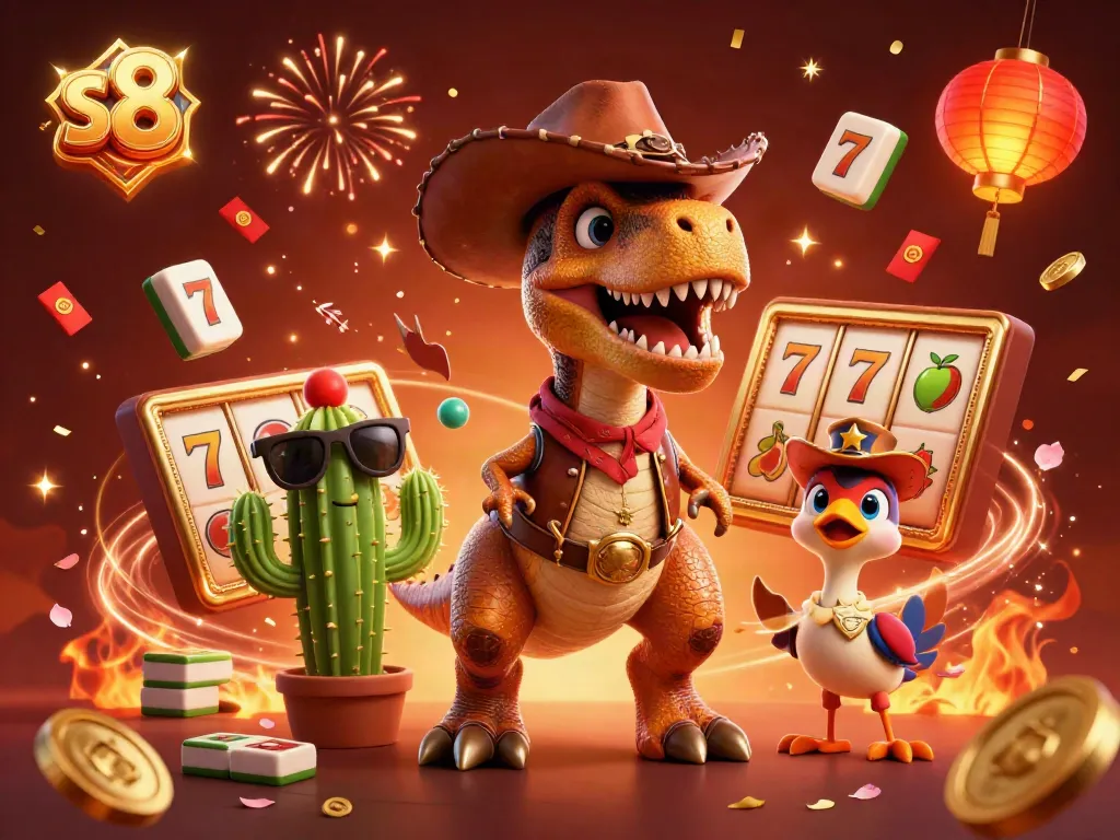 Experience winning at S8 with vibrant game elements and energetic characters in this dynamic casino illustration
