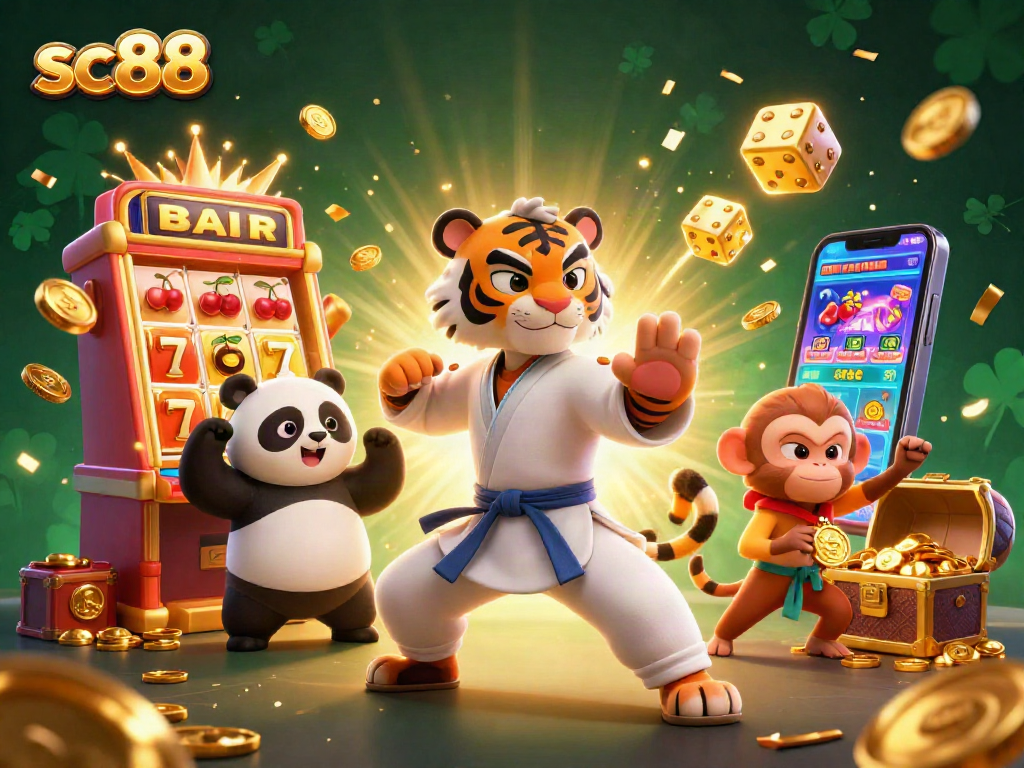 Engaging 3D representation of sc88 featuring a kung fu tiger master amid casino elements.