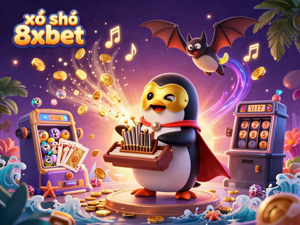 Explore xổ số 8xbet with dynamic golden coins and a cartoon penguin playing an organ in a rich casino atmosphere.