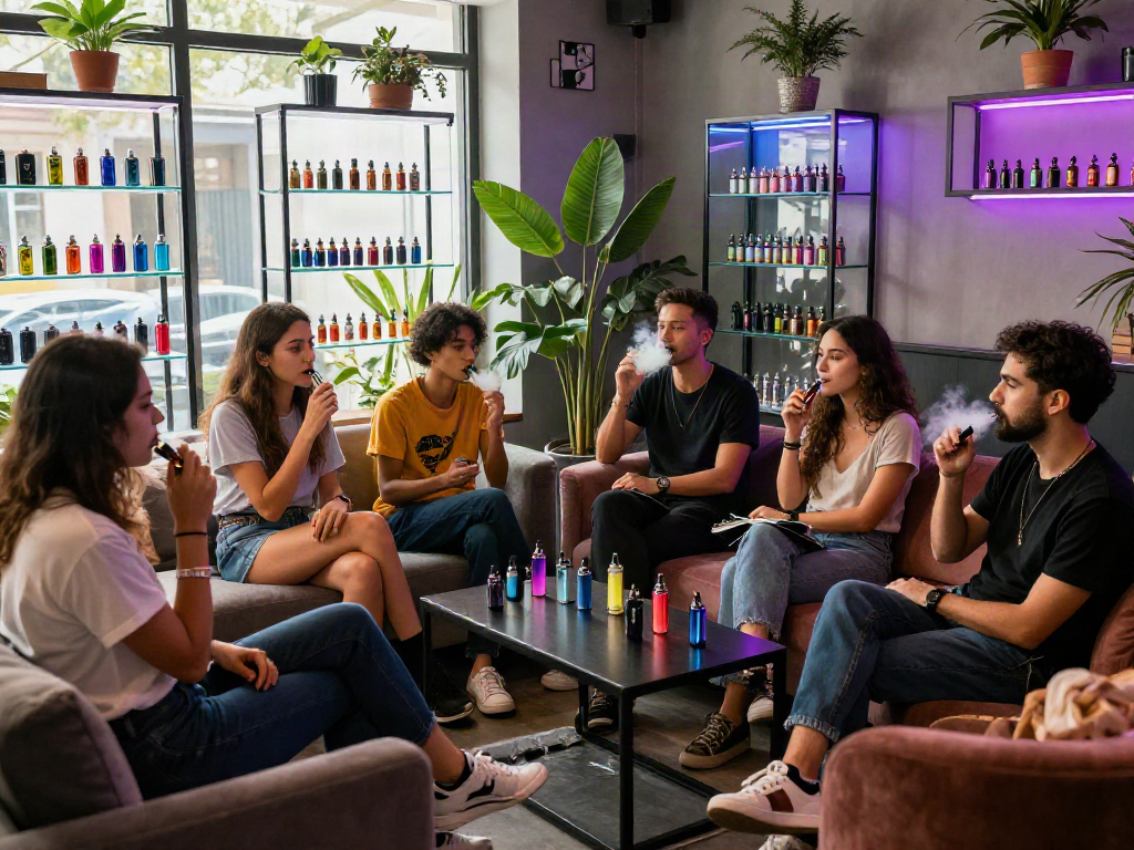 Friends enjoying raz vape products in a stylish lounge with neon lights